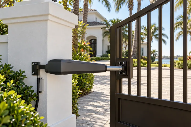 Illustrative automatic swing gate actuator at a Florida-style residential entrance