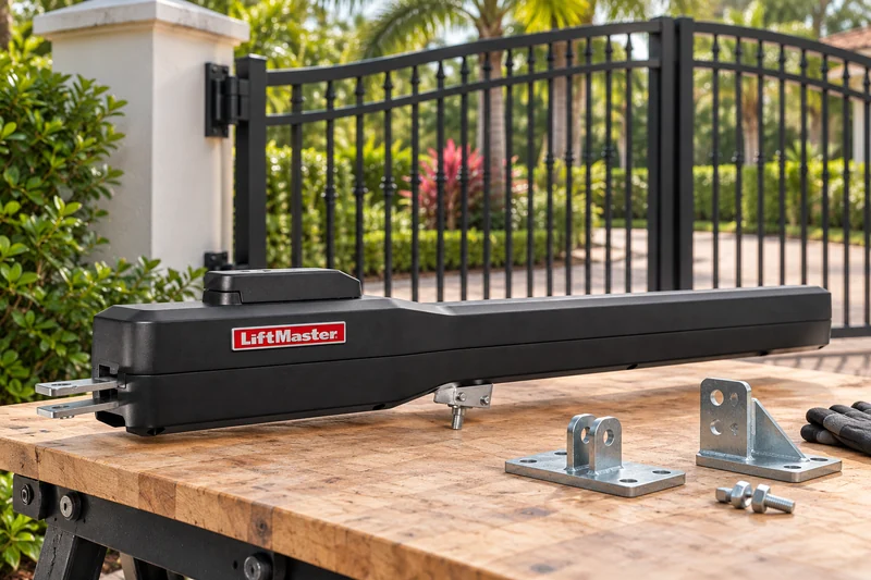 Illustrative LiftMaster linear swing gate actuator prepared for installation at a Florida-style entrance
