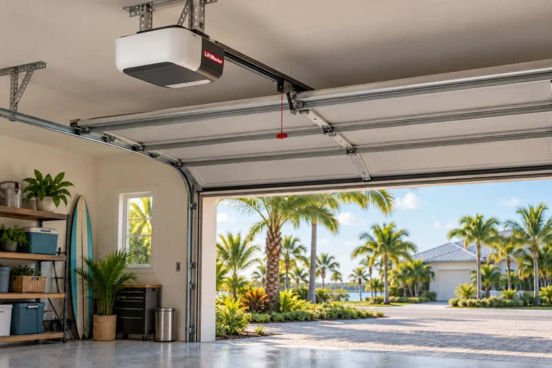 Illustrative garage door opener in a bright Florida-style garage opening onto a palm-lined driveway
