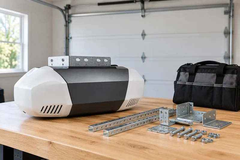 Illustrative new garage door opener and mounting hardware prepared on a workbench