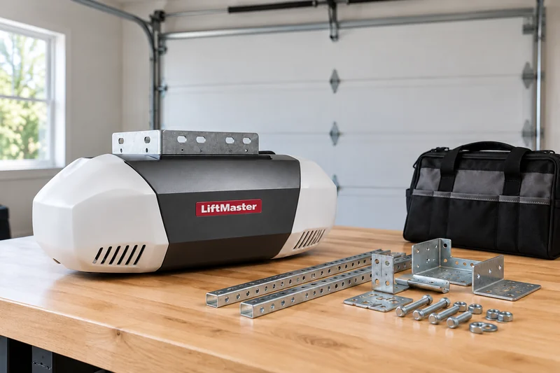 Illustrative new garage door opener and mounting hardware prepared on a workbench