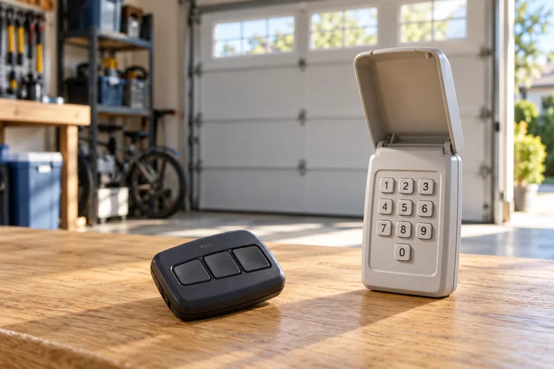 Illustrative garage door remote and wireless keypad on a workbench