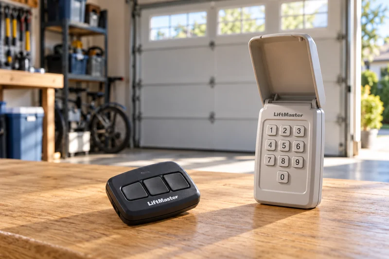 Illustrative garage door remote and wireless keypad on a workbench