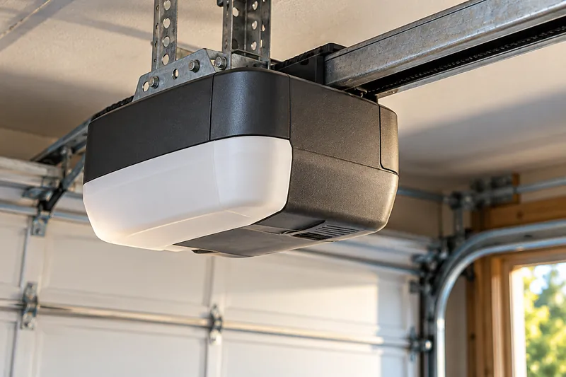 Illustrative close-up of ceiling-mounted garage door opener equipment