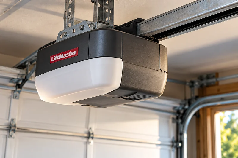 Illustrative close-up of ceiling-mounted garage door opener equipment
